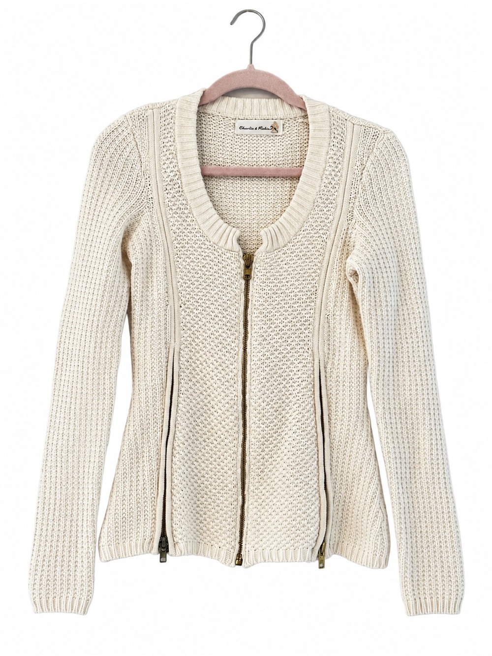 Anthropologie Charlie & Robin Sweater S Cream Zip Panel Cotton Wool Cardigan